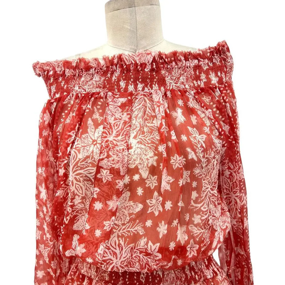 Poupette‎ St. Barth Sylvia Off Shoulder Smocked Waist Mini Dress Pink Size Large - Picture 2 of 13